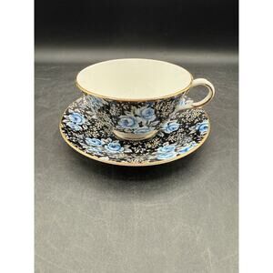 Vintage Paragon Cup & Saucer-Black Blue Roses - Bone China - England